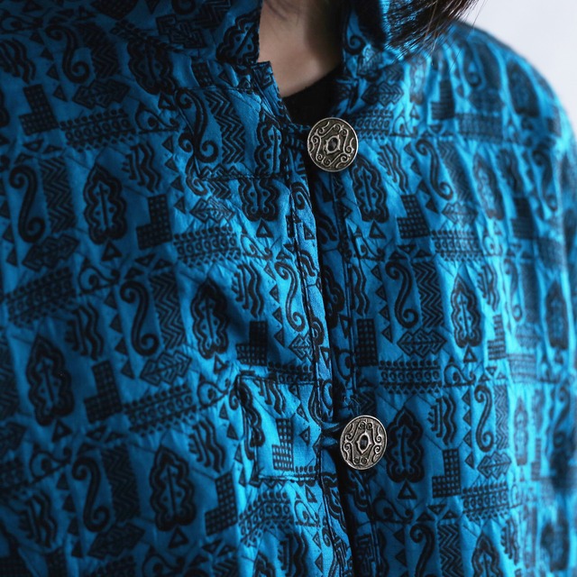 turquoise blue geometry pattern l/s china shirt