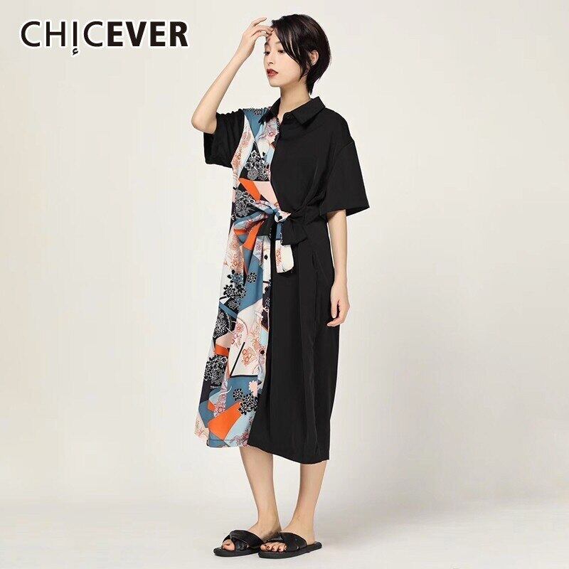 CHICEVERサマーヴィンテージプリントレディースドレスOネック半袖ボタンレースアップサッシルーズスリムAラインドレス2020 ショート ハーフスリーブ 夏物 ビンテージ 6base580769616628