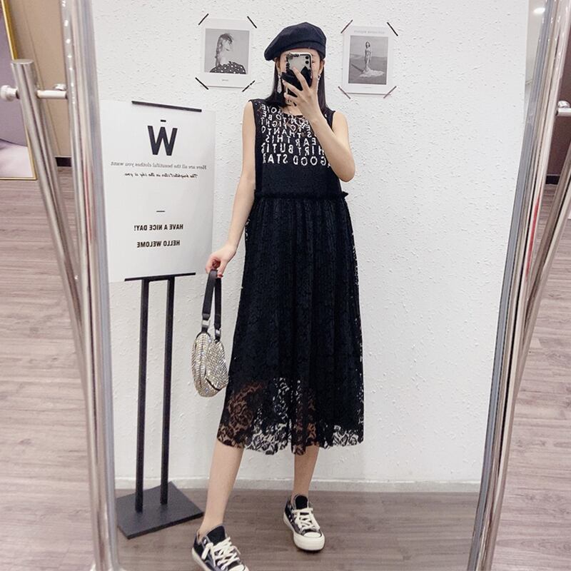 スタイルラウンドネックレースパターンノースリーブウェストルーズドレス Oネック ヨーロピアン ミックスインファッション5998155583