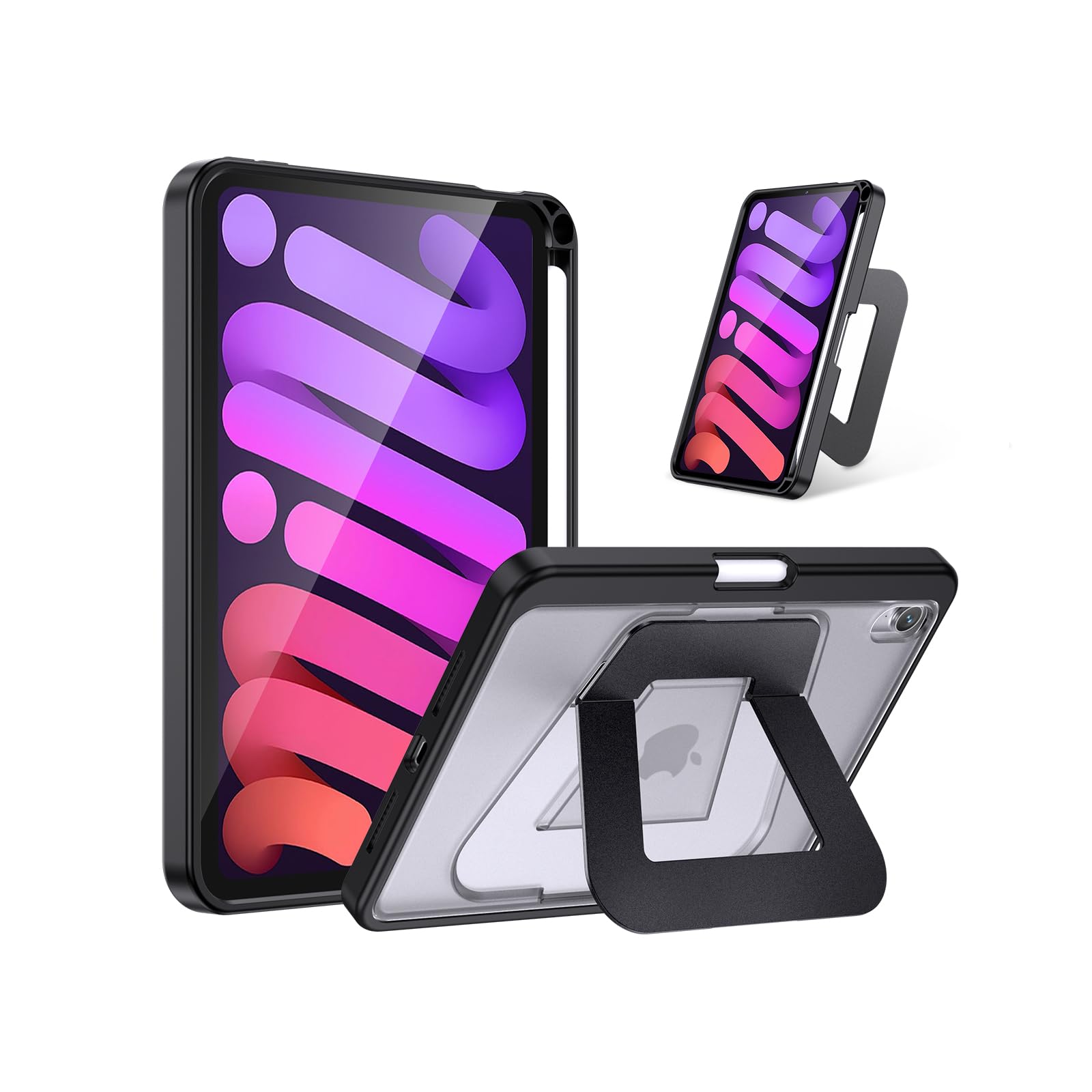 【米軍MIL規格・縦置き/横置きスタンド】iPad mini7 ケース(A17 Pro 2024対応)iPad mini 第7世代/第6世代(2024/2021モデル)専用 アルミ調節式 縦横スタンド ペンシルホルダー付き 薄型 軽量 耐衝撃 半透明カバー (ブラック)
