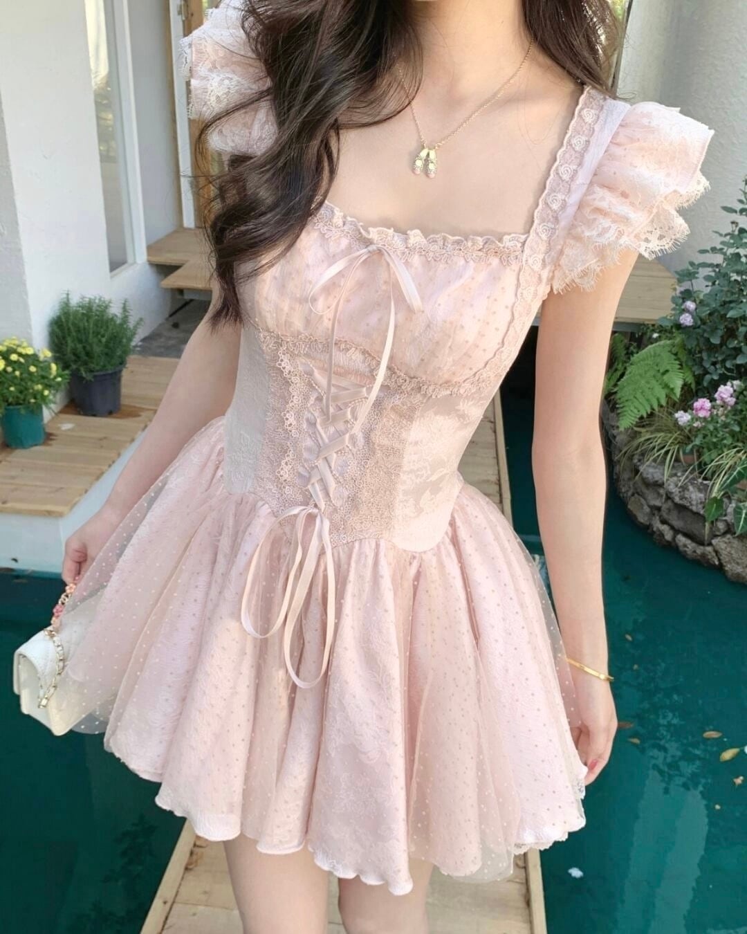 ドットレースアップリボンフレアワンピース(3 colors) 25W08489