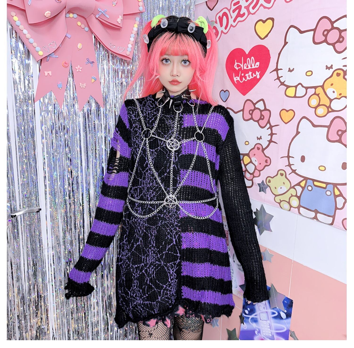 ニット ダメージ ニット ボーダー ゴスロリ ストライプ 紫 赤 白 黒