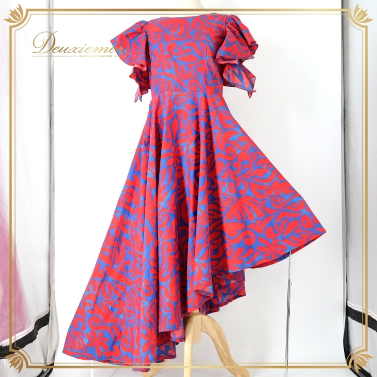 フラダンス 衣装 ワンピース ドレス レッド系 ブルー系 マーメイドライン エムエムジェイ ハワイアンプリント MermaidLine MMJ アロハ フラ ダンス レッスン 練習 赤 青 フリル袖 ノースリーブ 2way アシンメトリー 華やか 鮮やか かわいい おしゃれ エレガント フェミニン カジュアル ハワイアンスタイル ダンス衣装 プリンセスライン フラレッスン 発表会 華やかさ