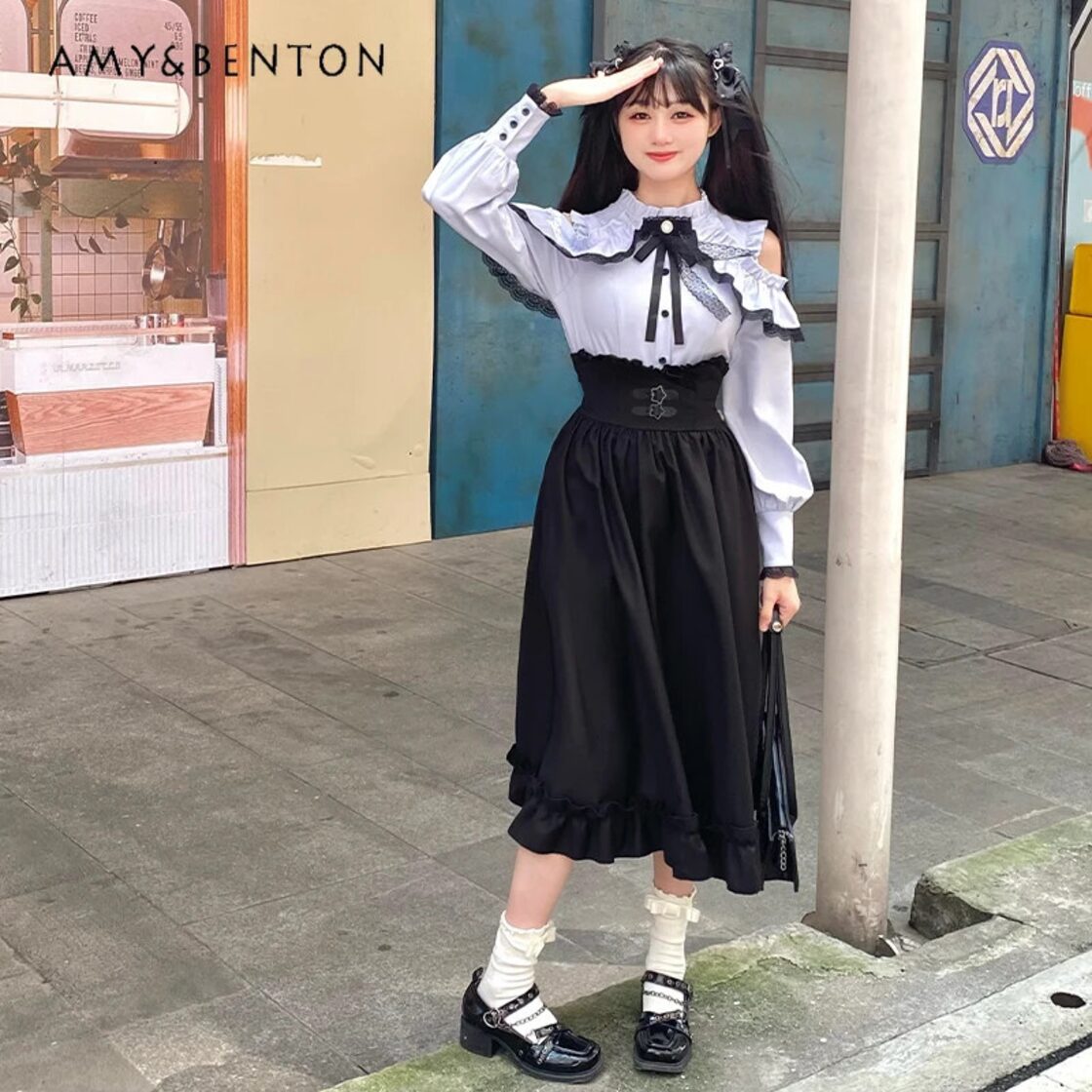 ese 甘いフライングスリーブオフショルダーシャツスカートセット秋の 