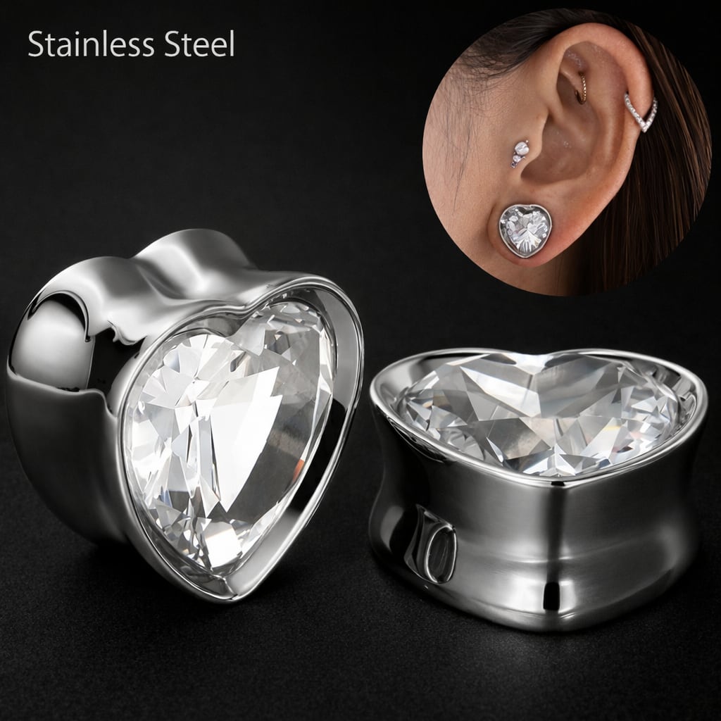 ボディピアス 0G 00G クリスタル ジルコニア ハート ダブルフレア