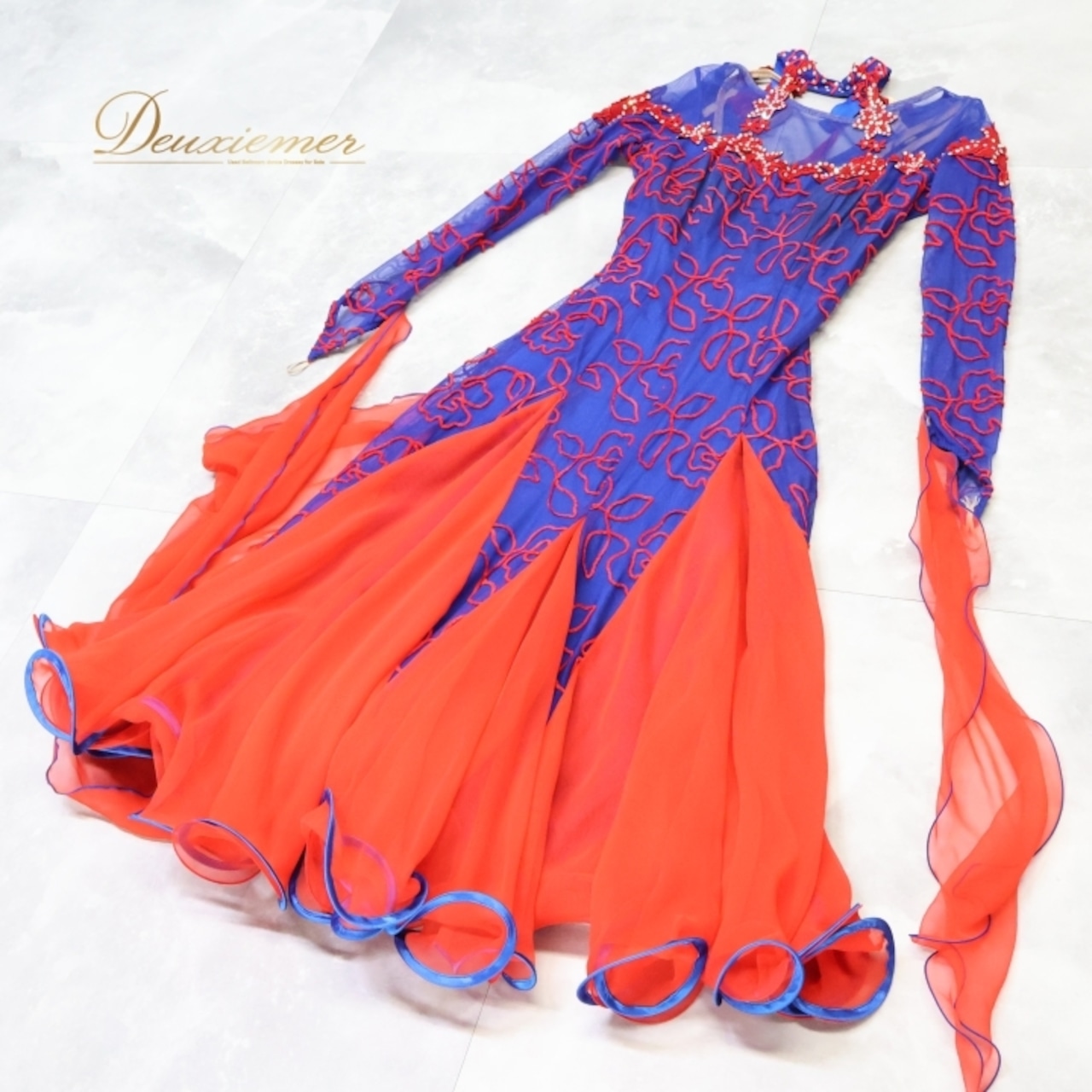 社交ダンス 衣装 スタンダードドレス ワンピース ドレス レッド系 ブルー系 赤 青 フロート レース デモ 競技 ダンス パーティ 発表会 鮮やか フリル フォーマル発表会 イベント用