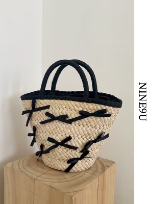 ribbon summer straw-bag basket-bag 3color【NINE6118】