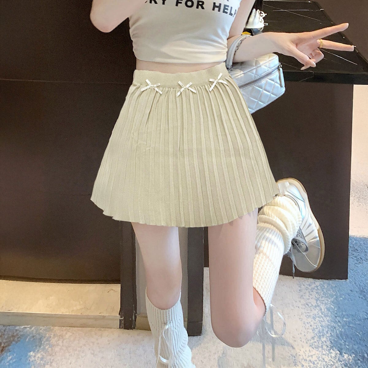 リボン付き プリーツ ミニスカート レディース 春夏秋 韓国 きれいめ