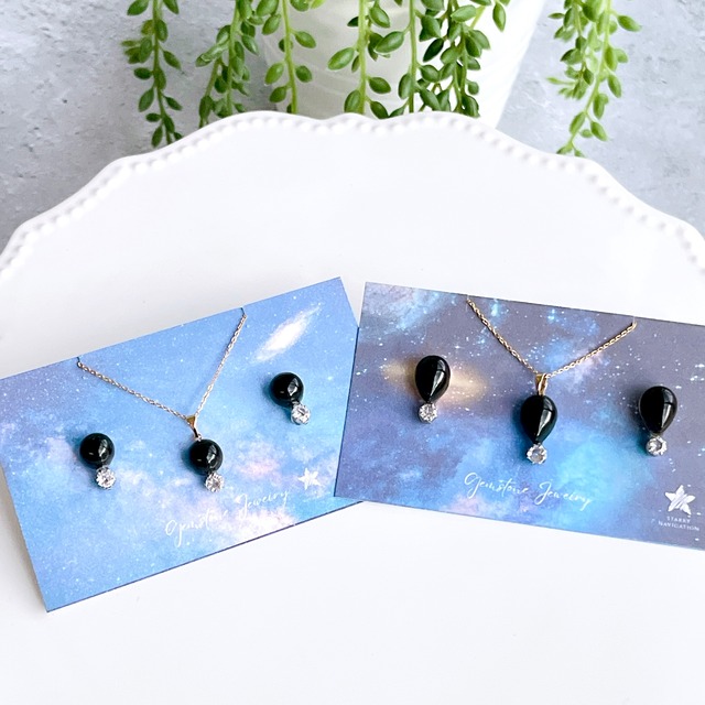 漆黒の宇宙Ⅱ✧モリオンお守りピアス＆ネックレスset（ラウンド）✧GALAXY✧プチネックレス＆ピアス✧サージカルステンレス製