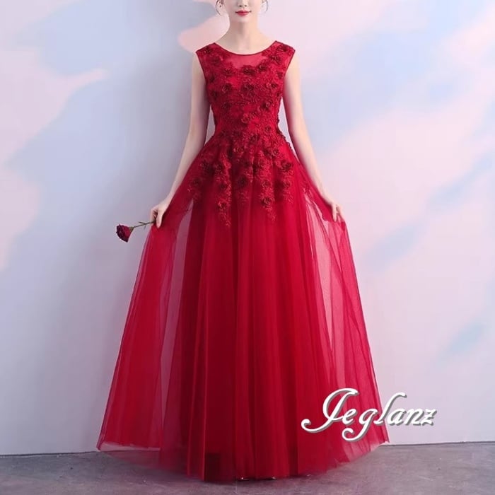 2色 イブニングドレス ノースリーブ 刺繍 レース チュール 編み上げ(M9200)ε