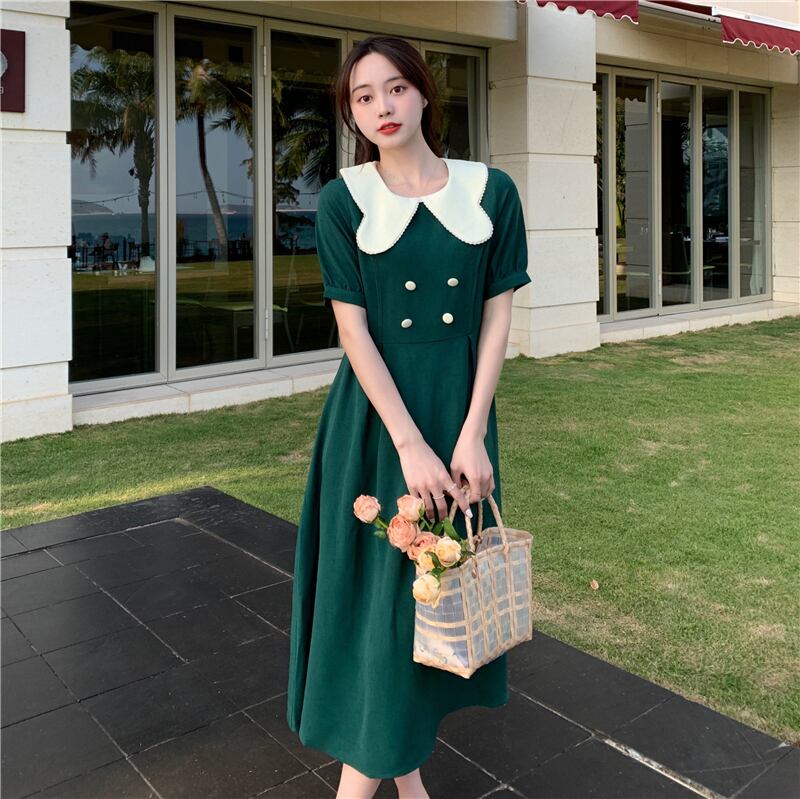 董小姐シリーズ ワンピース レディースファッション 可愛い グリーン 緑 大きいサイズ エレガント 夏 配色 気質アップ Elegant