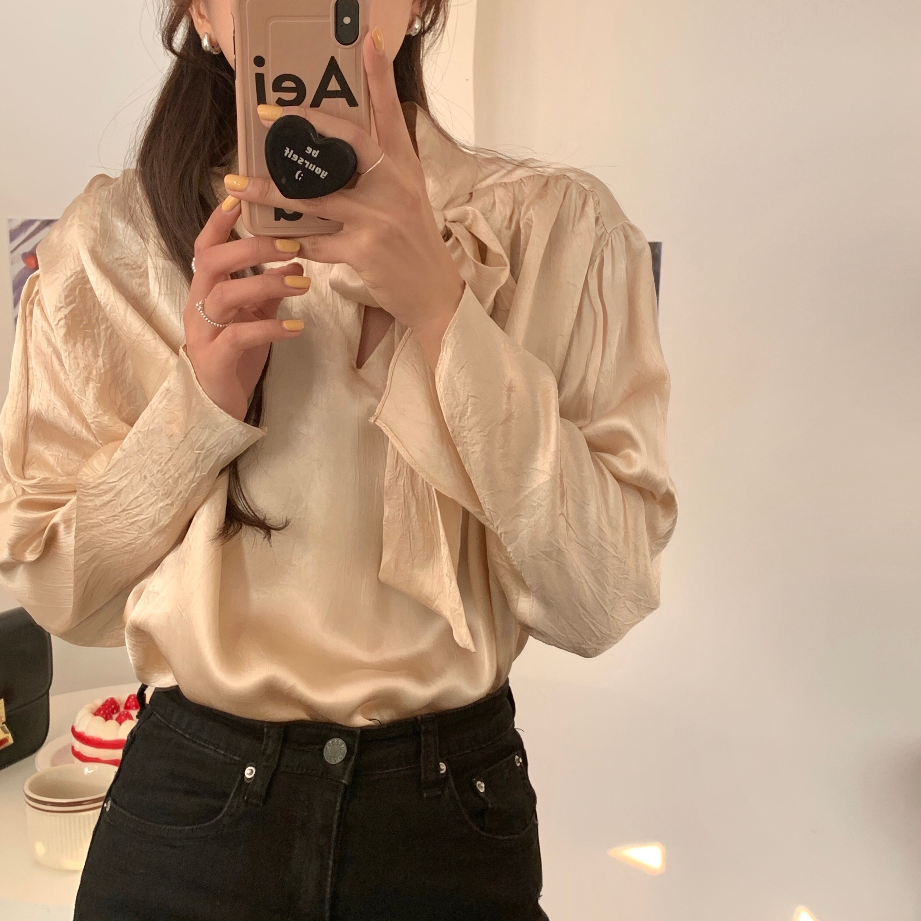 リボンシャツ スプリングトップス レディース ロング 春物 ビッグFスモールZ韓国19500650257