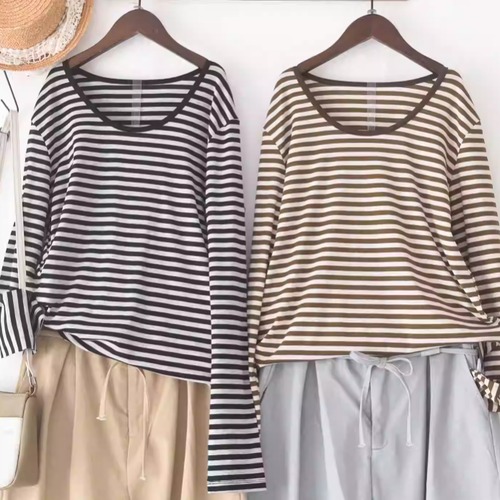 2色／ノーカラーボーダー柄トップス ・10370