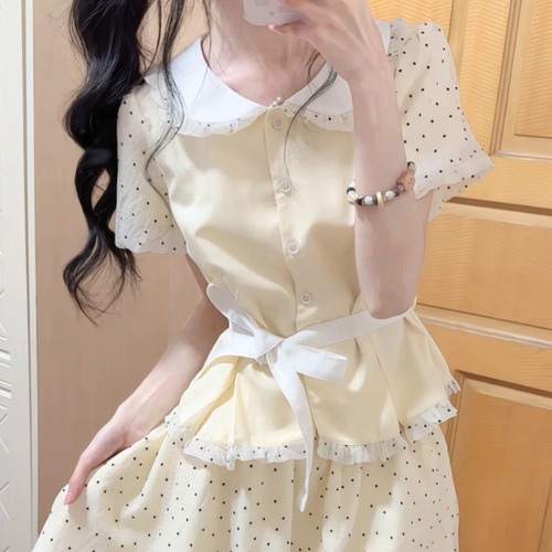 【3点セット】ラウンドカラードットコンビブラウス＋シフォンミニスカ＋リボンベルト ・69816
