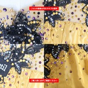 社交ダンス 衣装 gentil ジャンティ ドレス スタンダード ワンピース イエロー系 ゴールド系 ブラック系 金 黒 紫 光沢 フリル レース デモ 競技 ダンス パーティ 発表会 フロート 豪華 ボリューム 上品 きらきら 舞台衣装