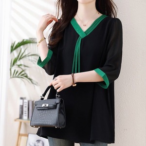 CONTRAST V-NECK SHORT SLEEVE CHIFFON BLOUSE M-17448