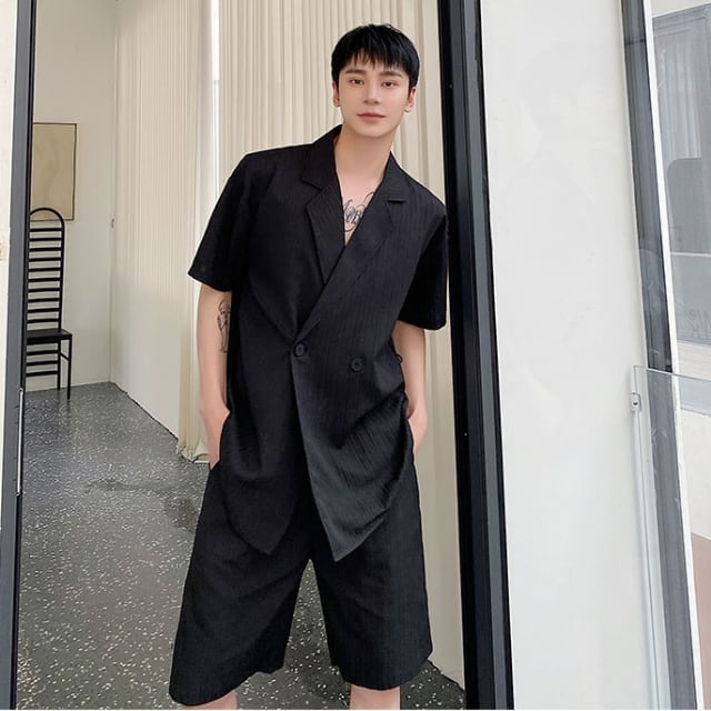 【予約販売】メンズ セットアップ 上下 ハーフパンツ 半袖シャツ 無地 ダブル ブラック カーキ きれいめ カジュアル 春夏 韓国 トレンド こなれ感 M/L/XL