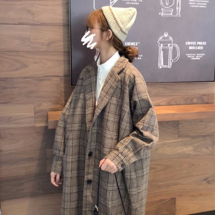 ◆秋冬 韓国トレンド グレンチェック ウール コート ロング ゆるカジアウター グレンチェック ロング ウール コート