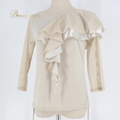 社交ダンス 衣装 トップス ブラウス ベージュ系 タカダンス TAKA DANCE ラインストーン フリル 上品 かわいい レッスン 練習 ストレッチ 伸縮 メッシュ 透け感 華やか 落ち着いた色 パーティー キラキラ