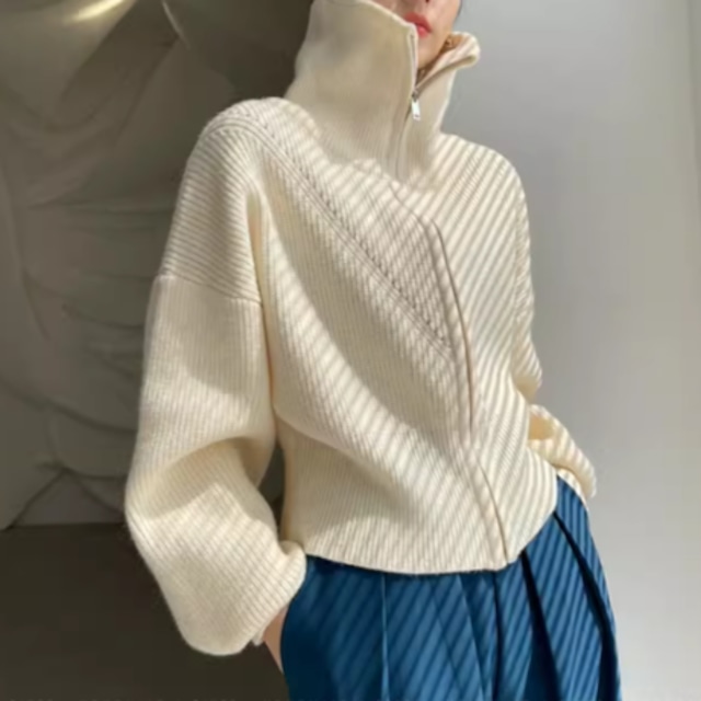 high neck zip up short knit jacket　102195