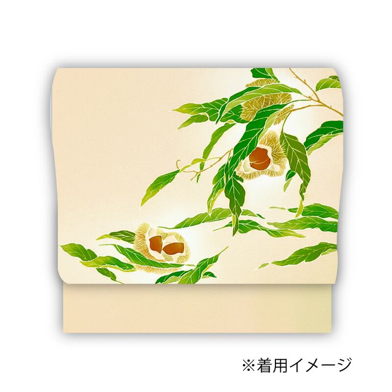 名古屋帯　正絹（新品未使用） 名古屋帯 正絹 新品 未仕立て「ベージュ 四季花の丸文」正絹帯 九寸帯