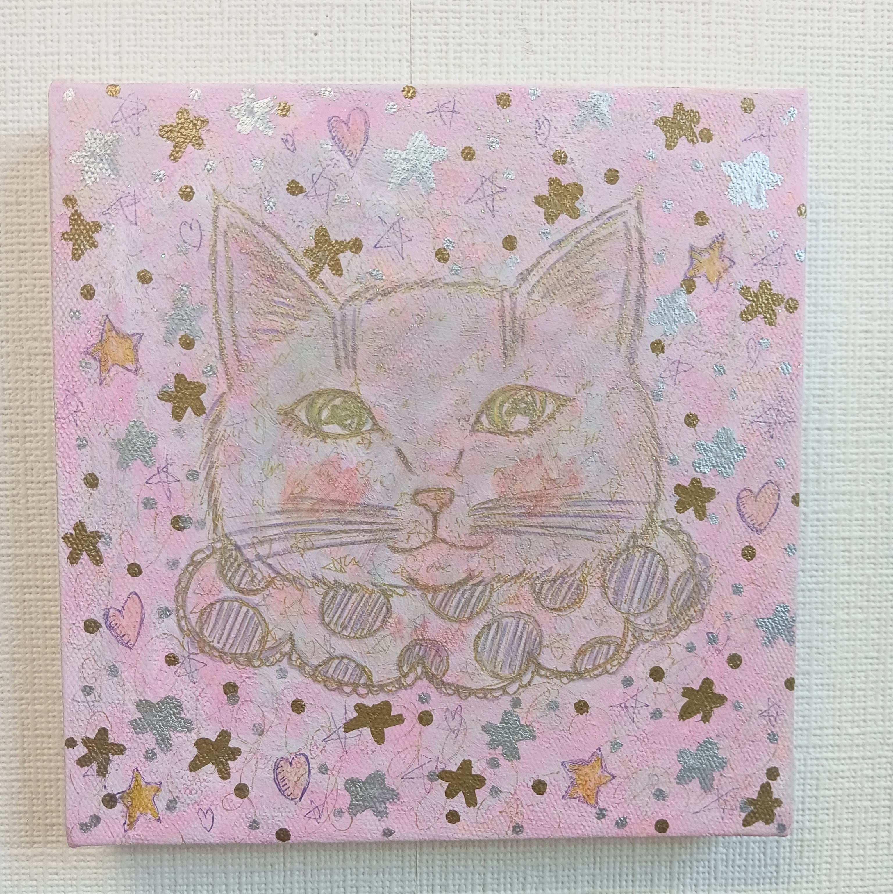 原画】キラキラ可愛い☆猫イラスト フリルちゃん（淡いパープルピンク