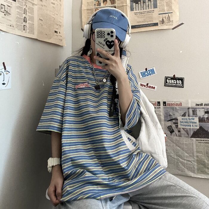 スタイルルーズストライプサマーTシャツ レディーストップス 大きめサイズ かわいい 夏物 ケッペル56496786298