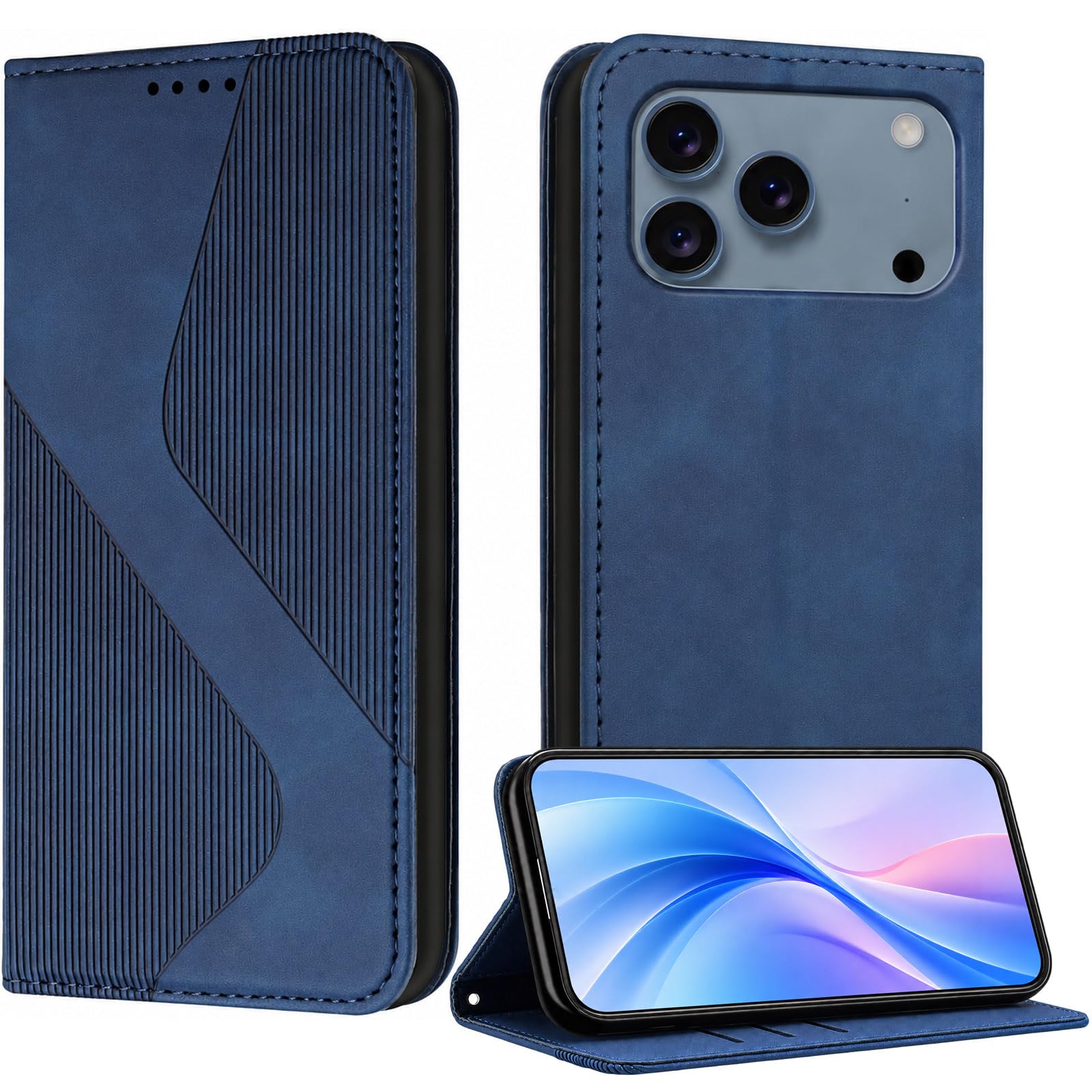 iPhone 18 Pro 用 ケース 手帳型 PUレザー いphone18pro ケース カード収納 スタンド機能 耐衝撃(ブルー)