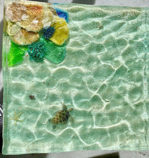 オーシャンレジンアート「リーフビーチ」砂紋、珊瑚、波紋 20㎝×20㎝