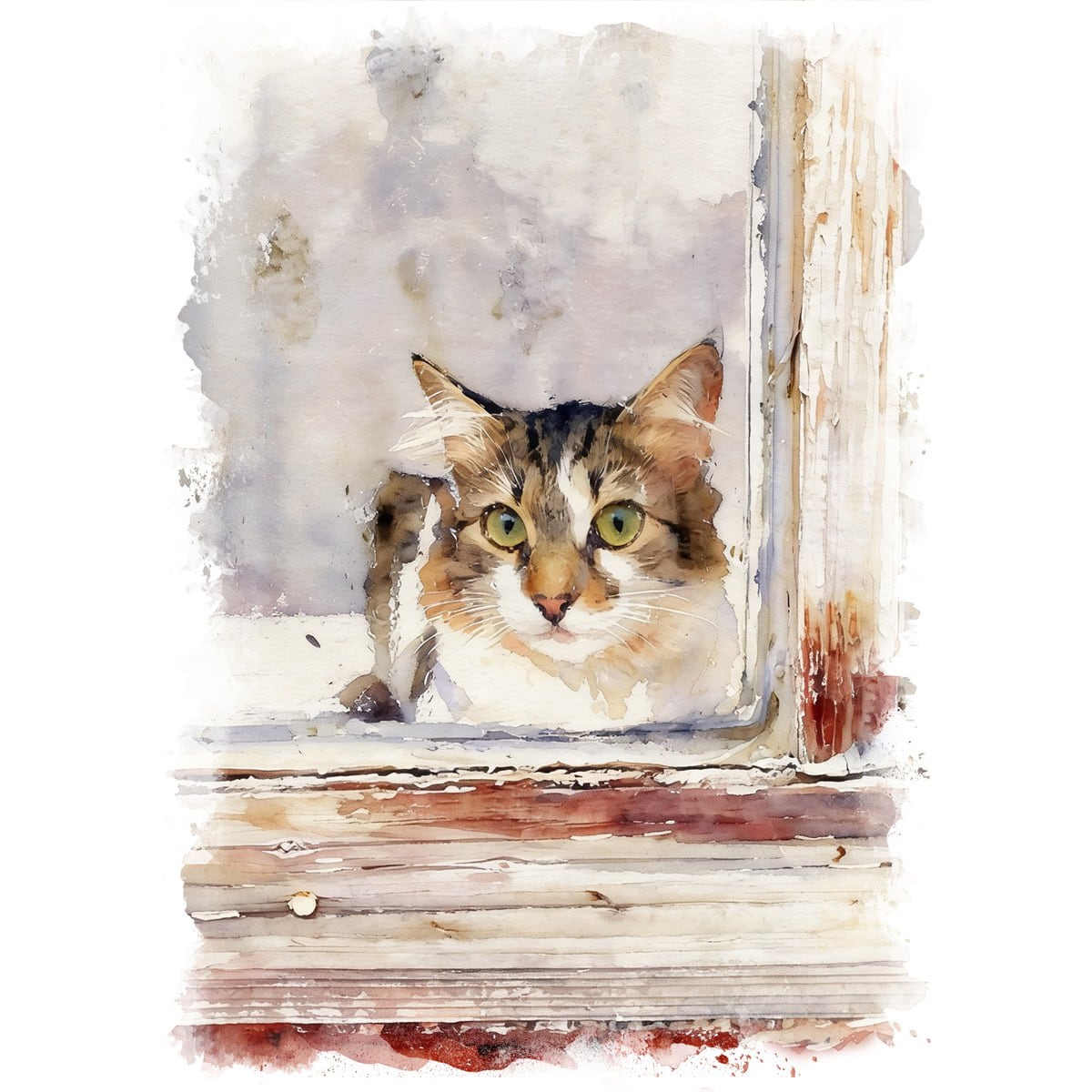 絵画 動物 窓際の猫 インテリアアート額付き 水彩画・油絵風 WAT1088