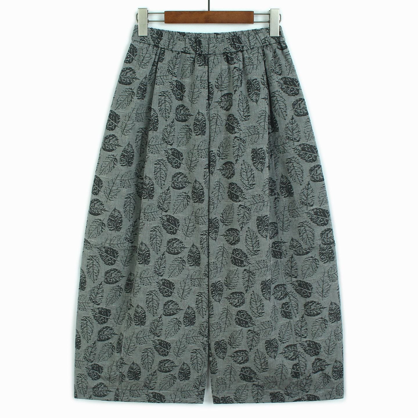 LEAF PRINT ELASTIC WAIST WIDE LEG CROPPED PANTS M-17799
