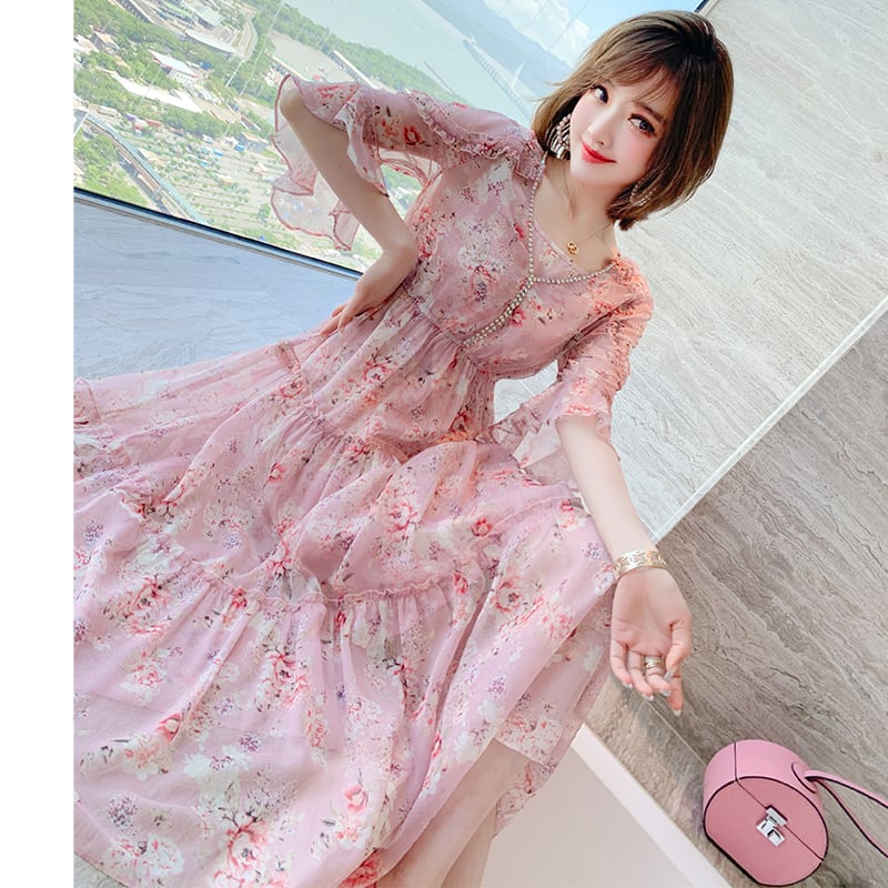 Vネックウェストプリントドレス サマー 夏物 MIUCO55326119476