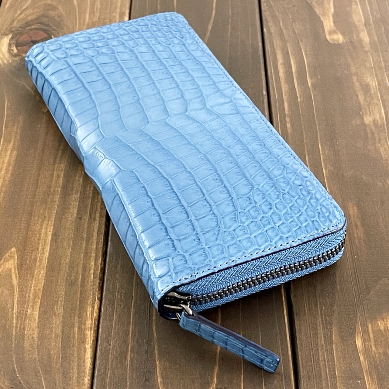 藍染 クロコダイル 長財布 淡藍