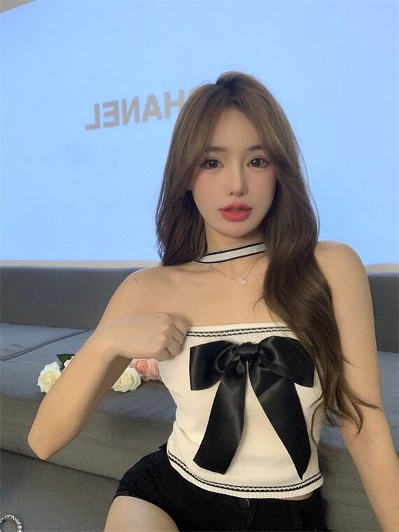 ニットサマーショートトップス リボン 夏物 ガールズファッション98397189116