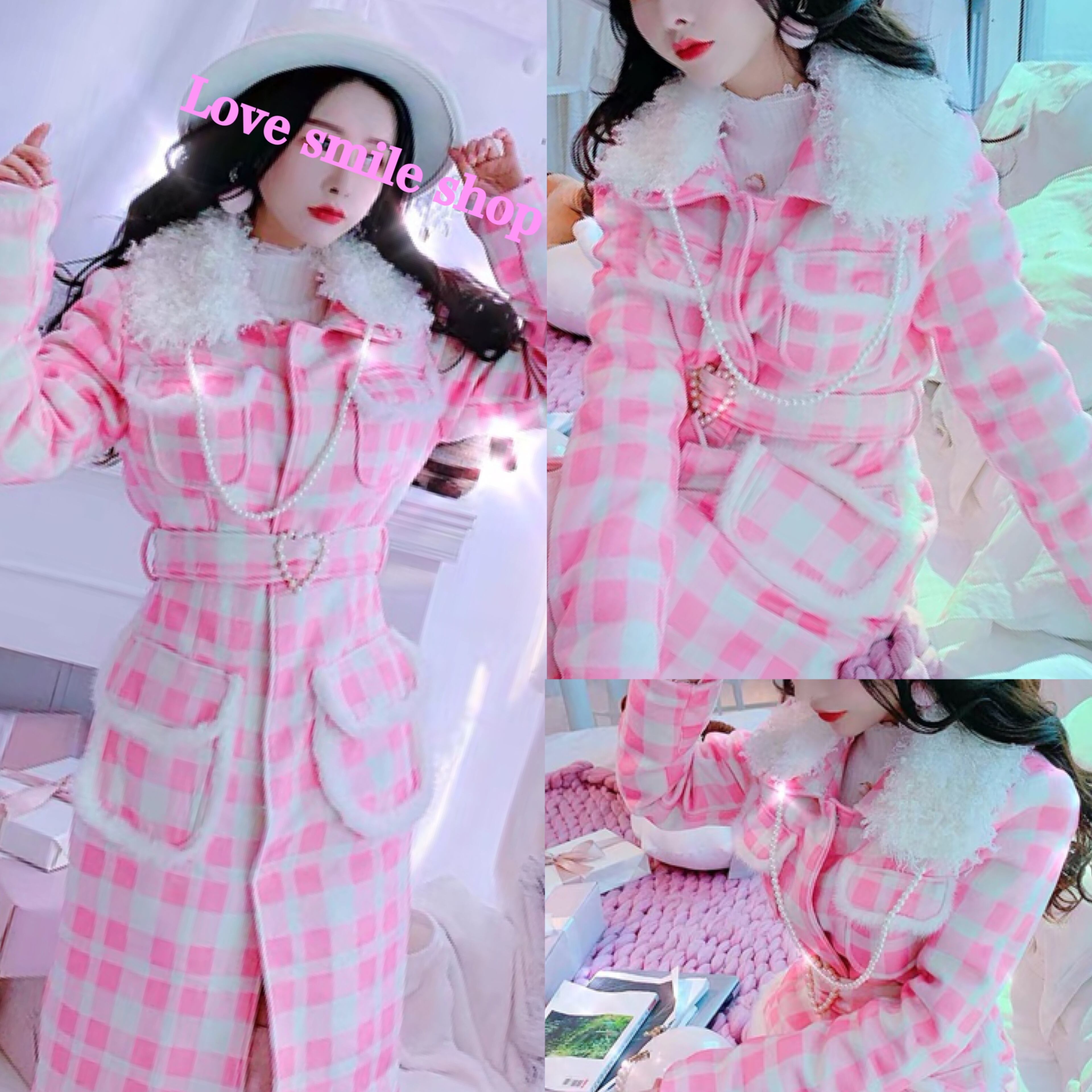 Skinny Lip ピンク チェック コート M 平成ギャル　Y２K ☆コート ギンガムチェック ファー ピンク ガーリー ロング コート