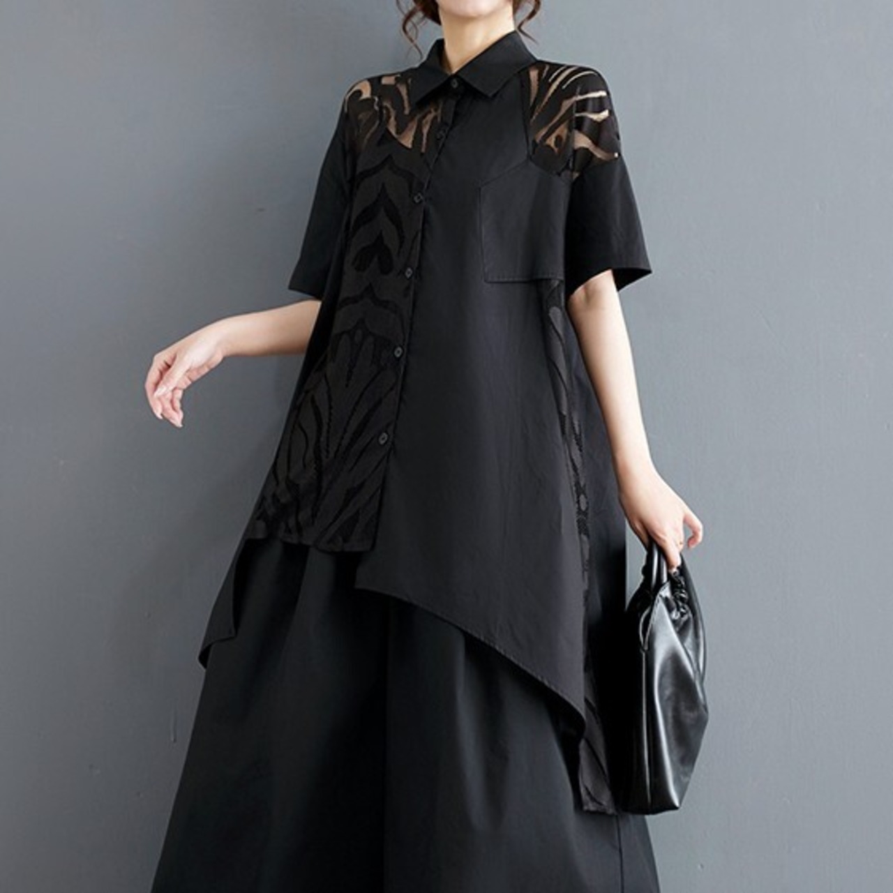 レース切替 ブラック ブラウス  30020