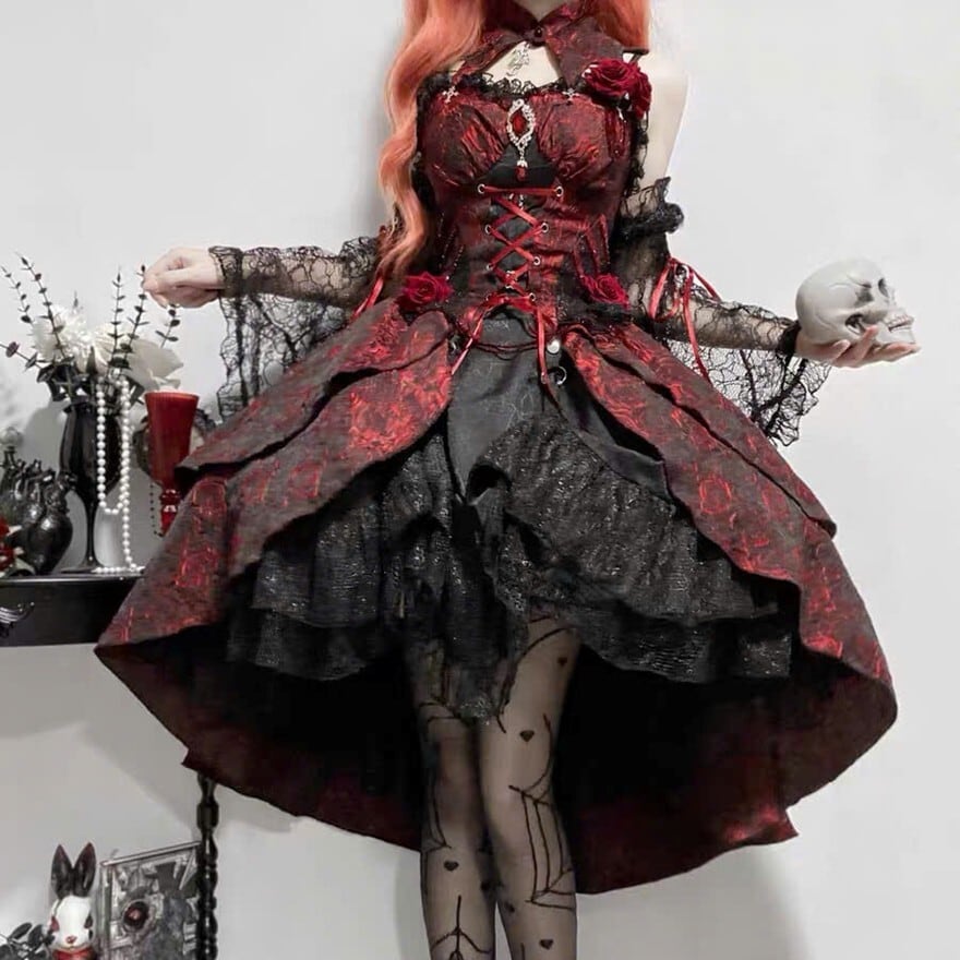 ゴスロリ ドレス コルセット風 レースアップ レイヤードスカート 撮影