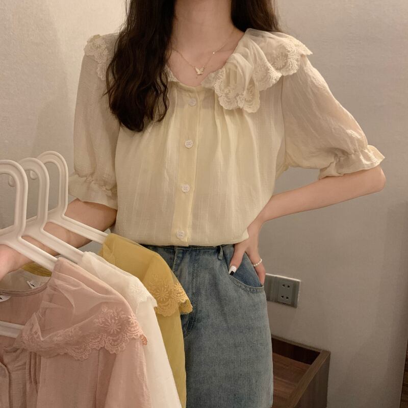 サマーレースシャツ スタイルプリーツシフォンブラウス 夏物 YY-ファッション45153816540
