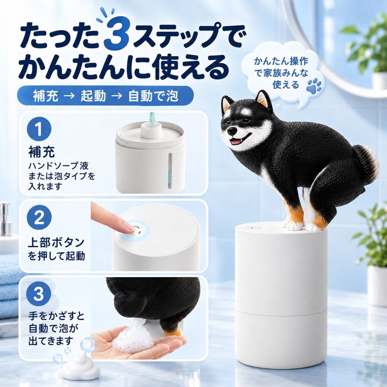 422.HANA 柴犬 自動泡ハンドソープディスペンサー｜センサー式 非接触