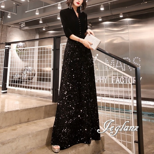 パーティ ブラックドレス  Vネック キラキラ スパンコール 光沢感 （W0502）ζ