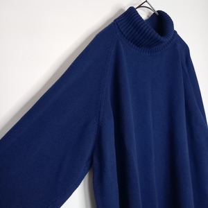 タートルネック　ラグランニット　コットン　セーター　無地　ブルー