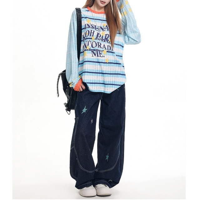 スターモチーフチェックボーダーグラフィックロングスリーブTシャツ 2col R02567