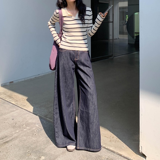 back embroidery wide-leg denim pants　J00277