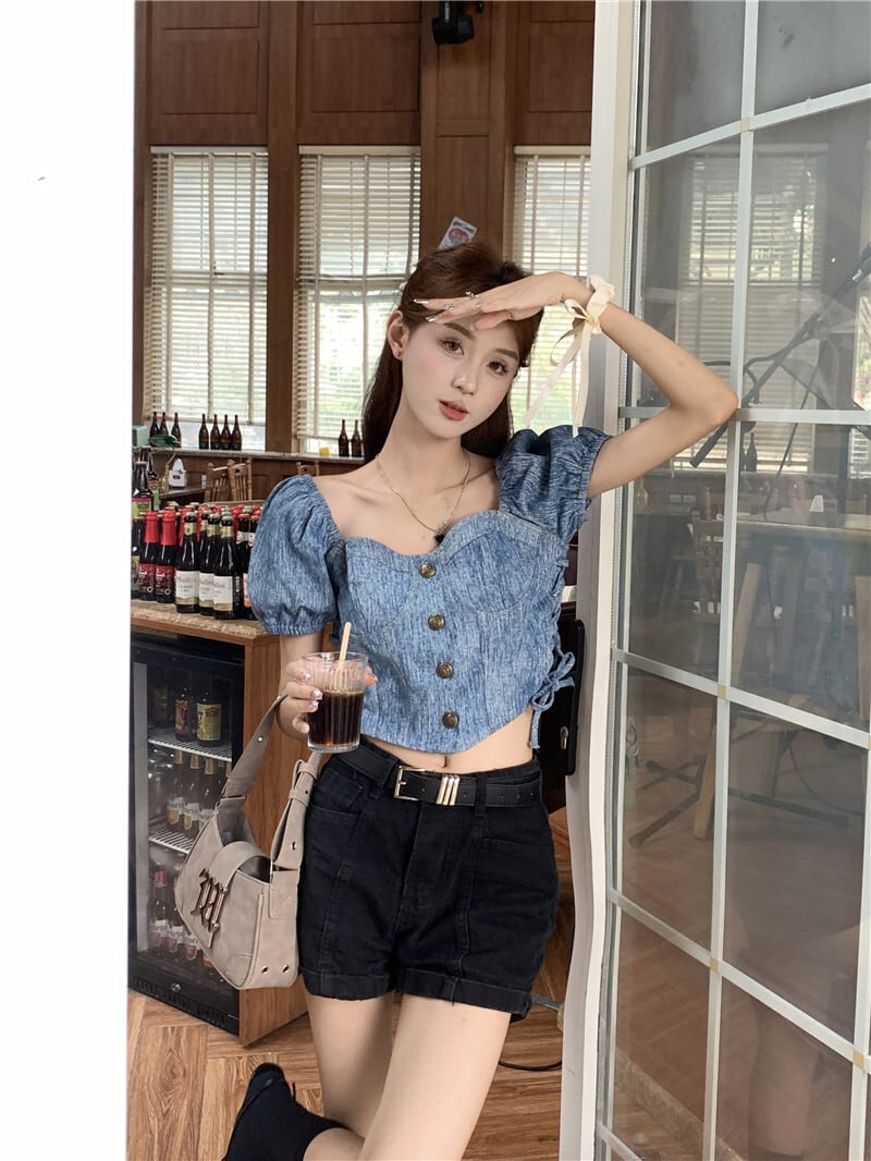 デニムシャツ レディース トップス デニム クロップド丈 半袖 谷間見せ