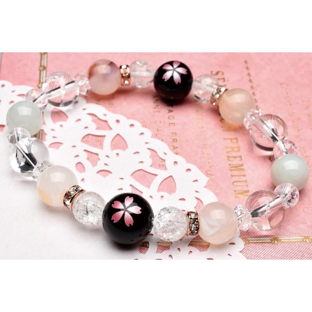 【厄除け・目標達成】天然石 オニキス×桜瑪瑙×ビルマ翡翠 優美な桜のお守りブレス（12-8mm）