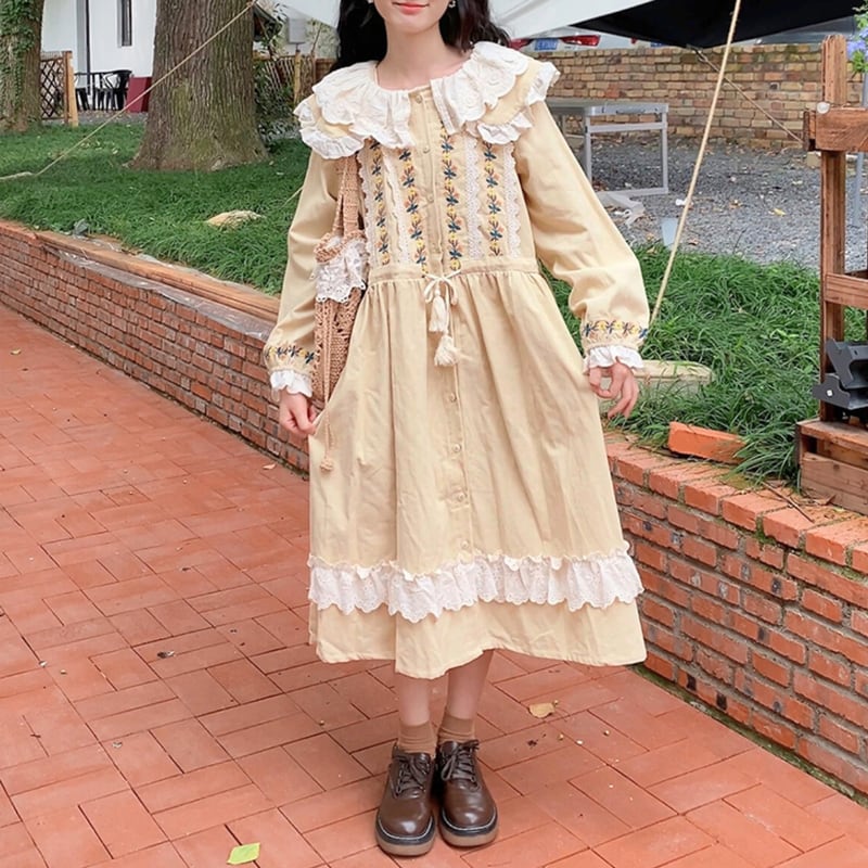 二層ドロールカラー刺繍コーデュロイドローストリングワンピース W1195