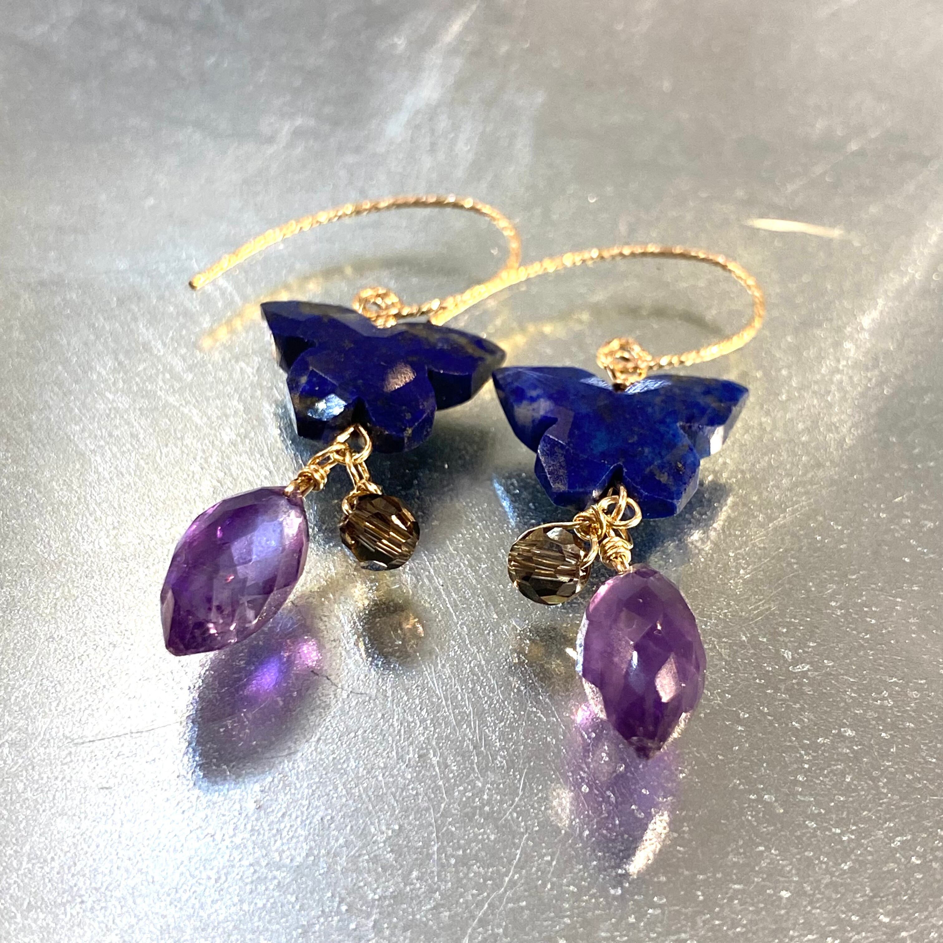 14kgf ピアス 菖蒲 天然石 アメジスト×オニキス アシンメトリー | Akri