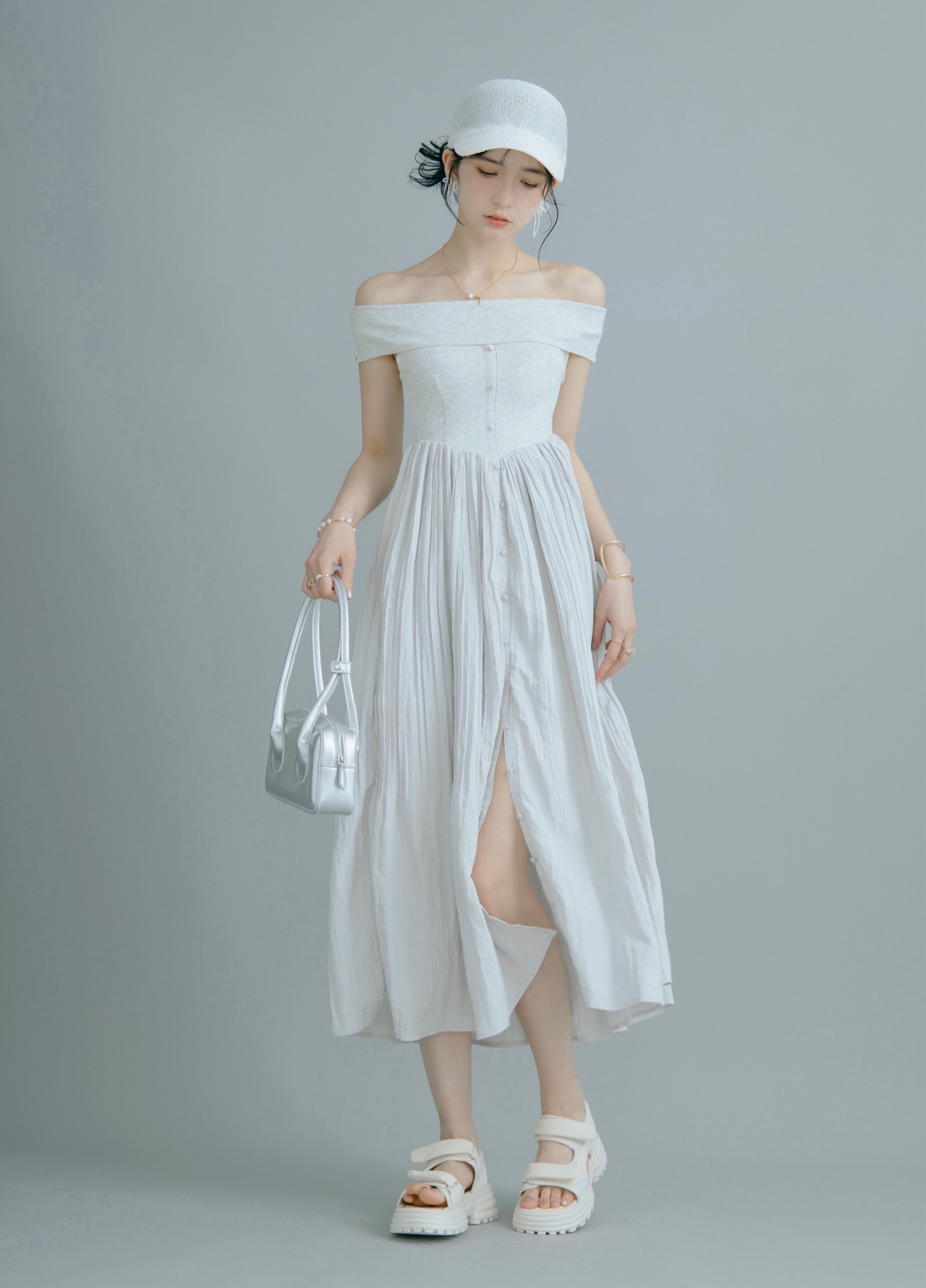 Crayme Off Shoulder Pleats Dress