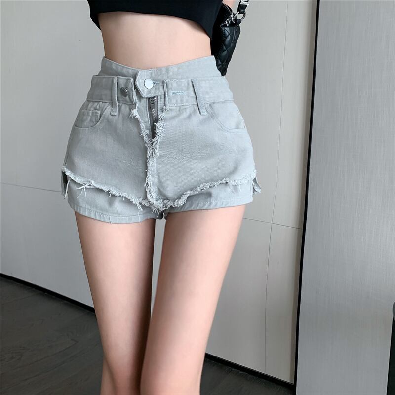 ツーピースジーンズ サマー薄手パンツ Aラインショーツ ハイウェストウェスト 夏物 ブルマー ブラックストロベリース63595148041