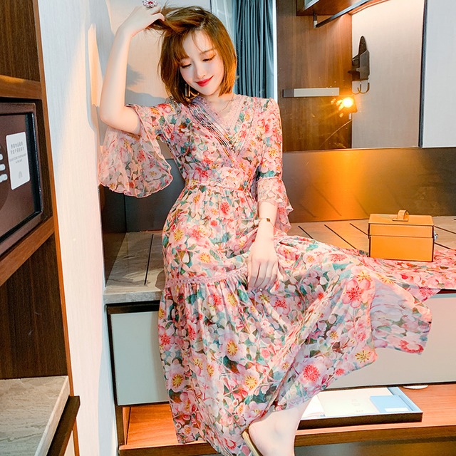 Vネックレースウェストプリント柄ドレス サマー レッド 夏物 シルク MIUCO86782058791